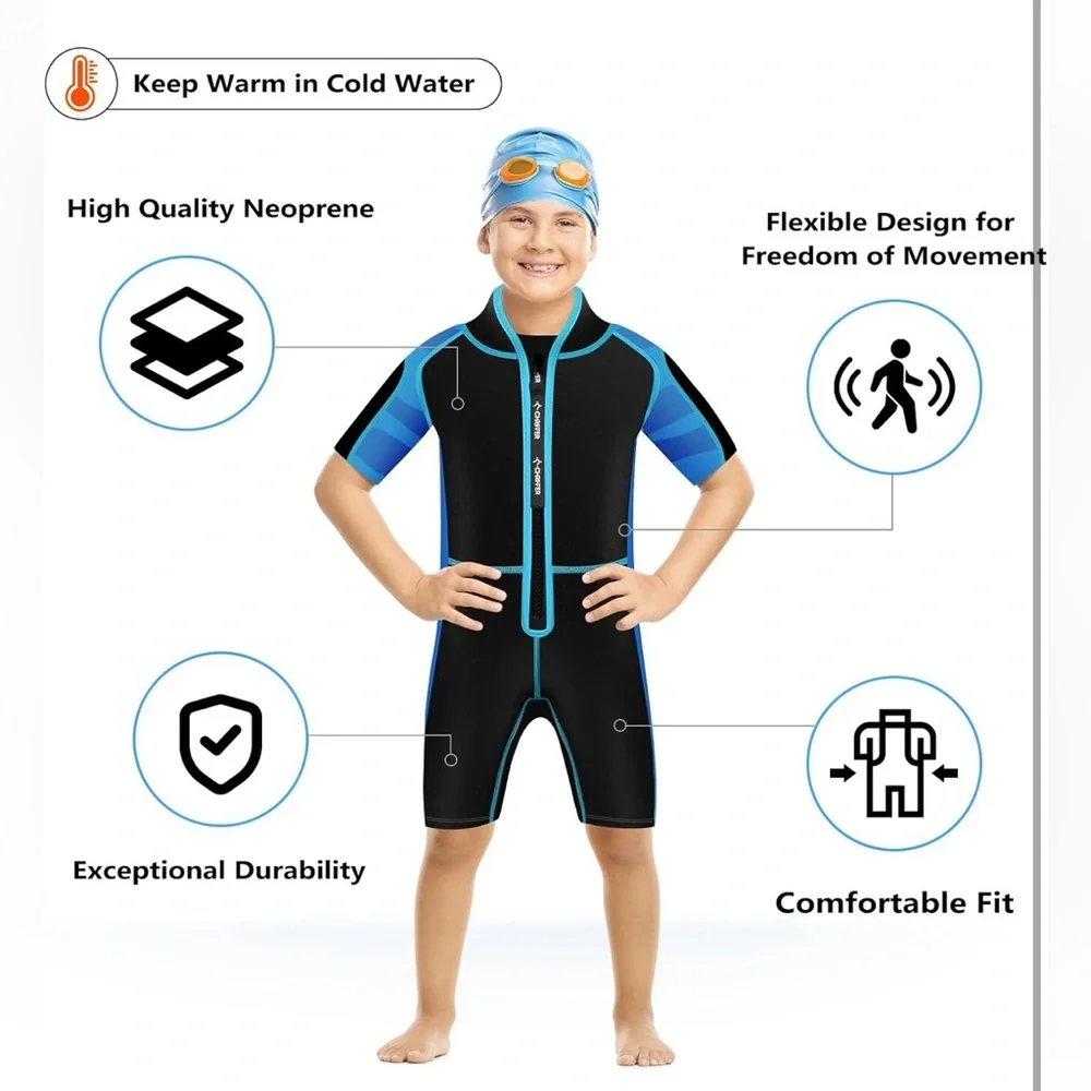 Chriffer Kids Large Shorty Wetsuit‎ Blue Black Front Zip Swim Surf NIP